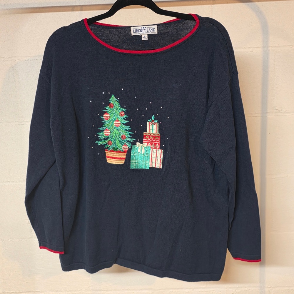 Liberty Lane Women L Navy Christmas Tree Gifts Embroidery‎ Rhinestone Sweater